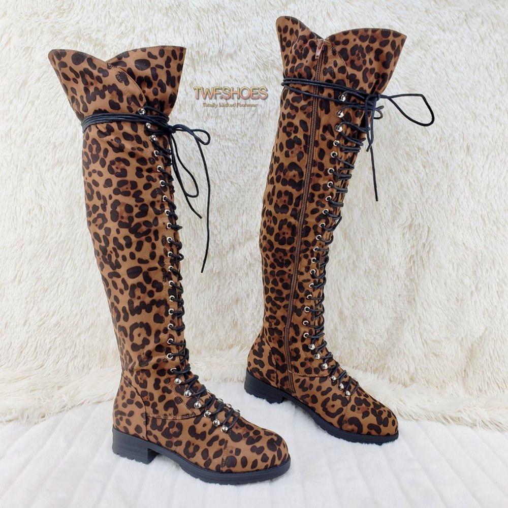 Leopard Corset Lace Over the Knee Riding Biker Boots - Picture 6 of 10